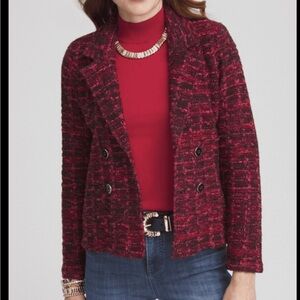 Chico's Red Allure Tweed plaid Blazer cardigan sweater